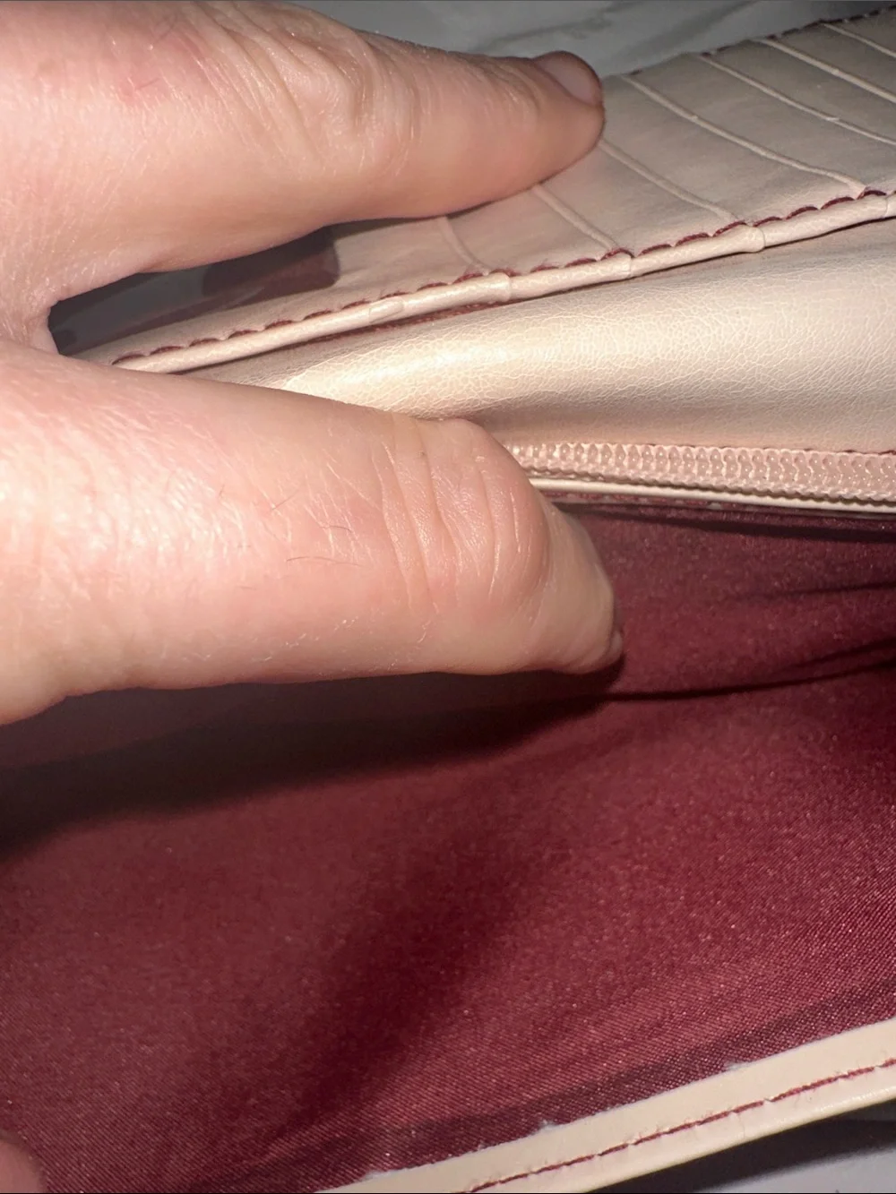 Matt & Nat Cream Long Wallet with Contrast Stitching purple vegan silver acc